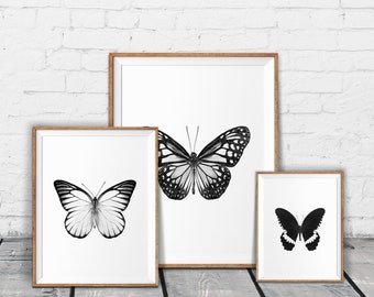 Butterfly print set - Monochrome decor - Minimalist home - Black and white wall art - Butterflies printable - Monochrome art prints