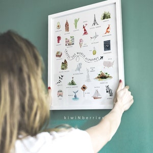 Reise alphabet, Kinderzimmer Dekor, Reise Alphabet, Um die Welt, Druckbares Alphabet, Orte der Welt, Geschenk für reisende Kinder