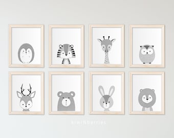 Monochrome Animal Nursery Prints: Tiger, Rabbit, Deer, Bear (Digital Download)