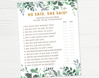 He said she said, Baby shower games, Mom or dad game, Mommy or daddy shower game, Greenery design, Gender neutral baby shower, A104