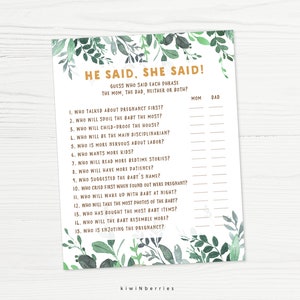 Er sagte sie sagte, Baby Shower Spiele, Mama oder Papa Spiel, Mama oder Papa Duschspiel, Greenery Design, Gender neutral Baby Shower, A104