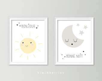 Bonjour and bonne nuit print set - Nursery prints - Babys room decor - Sun and moon print - Gender neutral prints - Printable baby gift