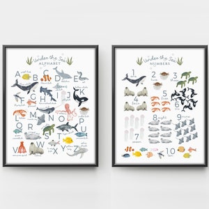 Alfabeto de animales marinos, impresiones de guardería de números, 123 carteles ABC, decoración de guardería oceánica, sala de juegos para niños, imprimible educativo, alfabeto marino