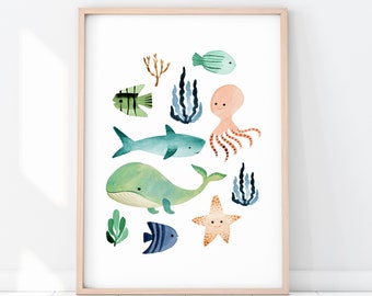 Kids printable art, Ocean art print, Illustration for children, Kids wall art, Sea print, Printable kids art, Oceanic sea coral marine,