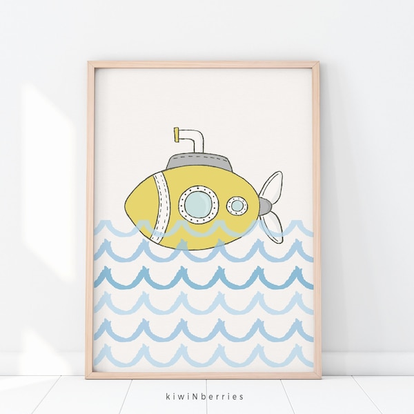 Submarine print - Yellow submarine wall art - Baby boy nursery decor - Nautical themed decor - Boys room illustrations - Printable wall art