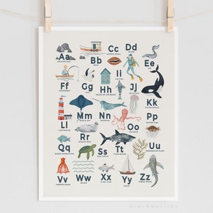 Impresión del alfabeto del océano, aprenda las letras, animales marinos ABC, arte de pared para habitación de bebé, póster de la A a la Z, impresión digital, póster del alfabeto marino