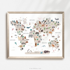 Neutrale Weltkarte Print, Druckbare Karte für Kinder, Boho Map Poster, druckbare Digitale, Natur Neutral, Tiere Weltkarte Poster
