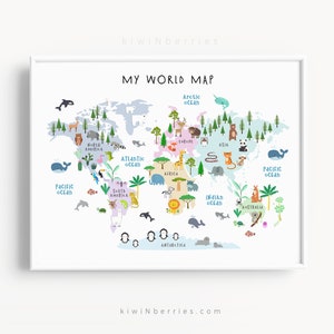 World map print for kids, Animal World map print, Nursery kids decor, Children art print, Playroom art, World map illustration, Educational image 3