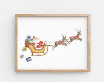 Santa Claus print, Santa and sleigh wall art, Christmas printables, Christmas prints for kids, Christmas wall art, Santa sleigh reindeers