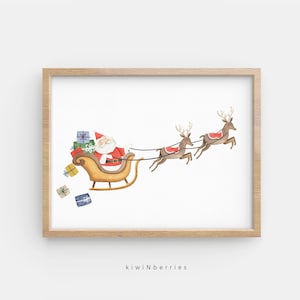 Santa Claus print, Santa and sleigh wall art, Christmas printables, Christmas prints for kids, Christmas wall art, Santa sleigh reindeers