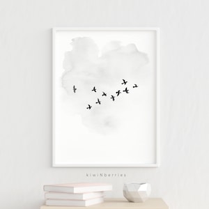 Estampados de arte de acuarela minimalistas, Decoración de invierno, Arte de pared imprimible, Grabados monocromáticos, Mínimo simple, Impresión de bandada de pájaros, Árboles ramificados