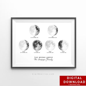 LARGE FAMILIES Custom moon phases print, Personalized moon phase print, Keepsake gift, Moon by date wall art, Printable family gift, Family