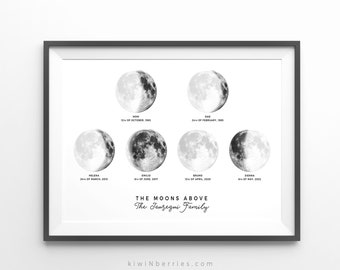 LARGE FAMILIES Custom moon phases print, Personalized moon phase print, Keepsake gift, Moon by date wall art, Printable family gift, Family