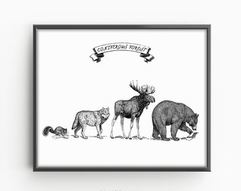 The Forest Print, Animal Habitat Poster, Bear Moose wolf, Black and White, Printable Wall art for Kids, Sketch Animals Art