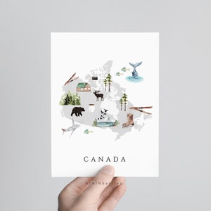 Kanada Karte Druck, Druckbare Karte von Kanada, Reise Dekor, Kinderzimmer Wandkunst, Kinderzimmer Dekor, Illustrierte Karte, Tiere Vegetation