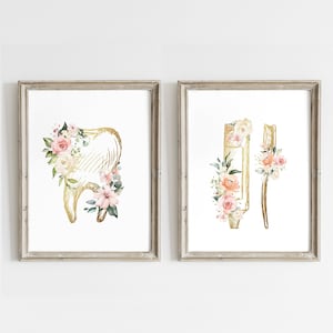 Dental Prints, Dentist Wall Art Set, Dentistry Art Print Bundle, Teeth Printable Posters, Medical Office Decor, Gold with Flowers, Digital
