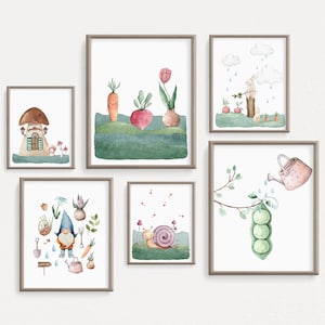 Gnome Garden Print, Fantasy Nursery Wall Art, Snails Veggies Gnomes, Neutral Garden Printables, Nursery Art Prints, Garden kids child Art