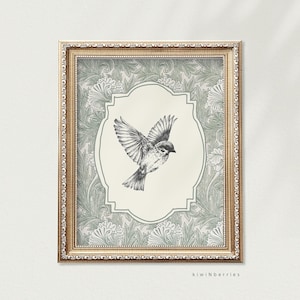 Póster de pájaro vintage, decoración rústica antigua para el hogar, ilustración verde salvia, impresiones de granja, arte de pared para baño, impresión digital