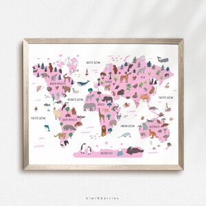 Rosa Weltkarte Druck, Druckbare Karte für Kinder, Spielzimmer Dekor, Mädchen Weltkarte, Tiere und Natur, Große Weltkarte Poster, Kinder Kleinkind
