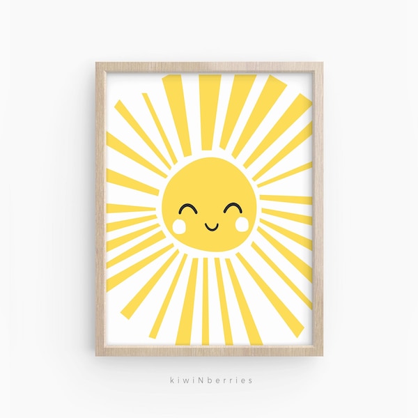 Happy Sun Print, Printable Nursery Art, Yellow Art Prints, Children Playroom, Cheerful Bright, Digital Sun Poster