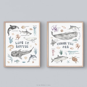 Under the Sea Prints, Set of 2 Sea Charts, Ocean Posters, Sea Creatures Printable, Sea Animals Poster, Kids Children, Learning Educational