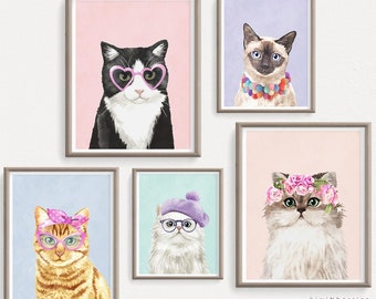 ピンクのストライプの子猫のデジタルアート6点セット、印刷可能な