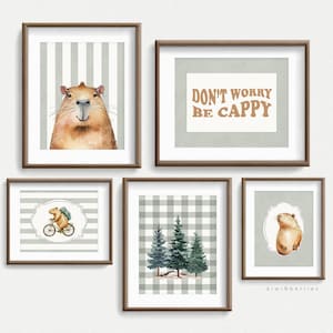 Capybara Art Prints, Capybara Printables, Cute Animal Wall Art, Sage Pastel Green, Stripes gingham, Neutral Nursery, Capibaras illustration