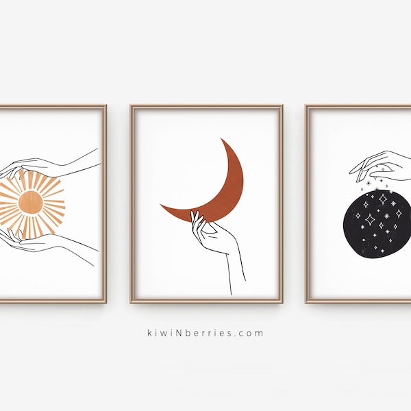 Celestial Line Art Print Set: Sun, Moon, Stars (Digital Download)
