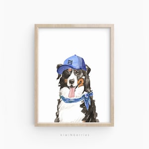 Mountain Barnese Dog Print, Dog with Blue Cap print, Cute Dog Poster, Baseball dog, Doggy wall art