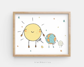 Sun, earth and moon holding hands - Solar system print - Educational poster - Printable kids gift - Planets print - Printable kids room art