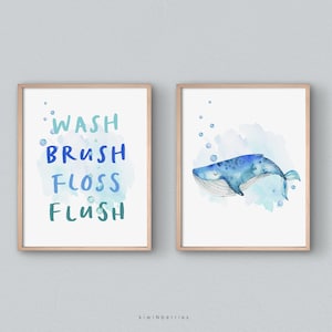 Boys Bathroom Art Set, Bathroom rules Sign, Whale Narwhal Blue bubbles, Modern Kids Bathroom Prints Bathroom Art Set, Bathroom posters