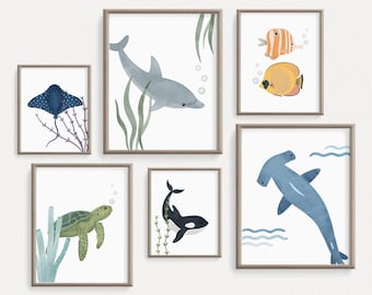 Oceaandierenprints: mariene zeedieren kinderkamerdecoratie (set van 6) (digitale download)