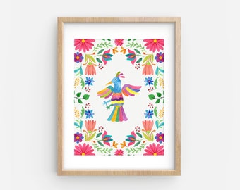 Mexicaanse bloemenvogelkunstprint: kleurrijk Otomi-borduurwerk (digitale download)