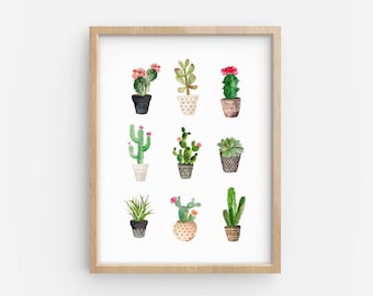 Cactus Art Print: Colorful Succulents in Pots (Digital Download)