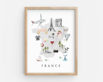 Carte de France imprimée, Carte imprimable de france, Décor de voyage, Art mural de chambre d’enfants, Décor de pépinière, Carte illustrée, Végétation animale