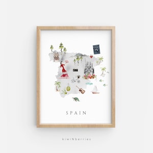 Spanien Karte Druck, Druckbare Karte von Spanien, Reise Dekor, Kinderzimmer Wandkunst, Kinderzimmer Dekor, Illustrierte Karte, Tiere Vegetation