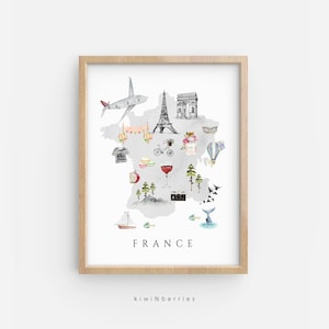 Frankreich Karte Druck, Druckbare Karte von Frankreich, Reise Dekor, Kinderzimmer Wandkunst, Kinderzimmer Dekor, Illustrierte Karte, Tiere Vegetation