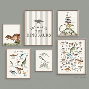 Arte de pared de dinosaurios descargable, galería de pared para niños, tamaños de dinosaurios, afirmaciones positivas, carteles para niños, juego de 6 impresiones de dinosaurios, dibujados a mano