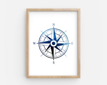 Impression boussole aquarelle : décor nautique bleu profond (téléchargement numérique)