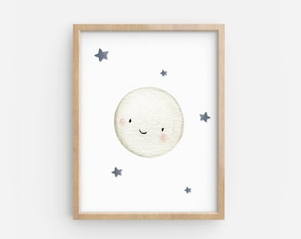 Wydruk do pokoju dziecięcego Baby Moon: grafika z gwiazdami neutralnymi płciowo (pobranie cyfrowe)