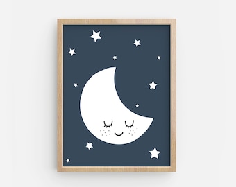 Navy Moon Print - BabyZimmer Dekor - Jungenzimmer Wandkunst - Druckbare Digitaldrucke - Klima Kunst - Schlafgesicht Mond Kunst - Jungenzimmer