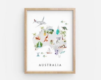 Australia Map print, Printable map of Australia, Travel decor, Kids room wall art, Nursery decor, Illustrated map, Animals vegetation