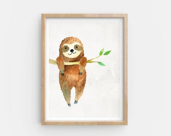 Impression aquarelle paresseux : oeuvre d'art murale pour chambre d'enfant (téléchargement numérique)