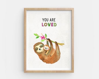 Sloth print - Sloth wall art - Hanging sloth art - Kids room decor - Baby and mama sloth - Nursery prints - Gender neutral - Mama love