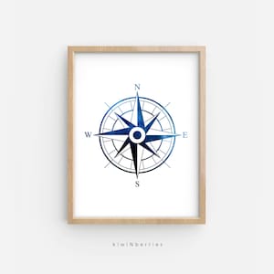 Kompas print - Aquarel Kompas print - diepblauwe kunst - Kinderkamer decor - Kompas prints - aquarel decor - Jongens kamer kunst aan de muur