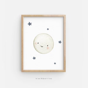 Baby Moon print, Printable baby art, Nursery wall art, Nursery prints, gender neutral nursery, Grey neutral artwork, clouds stars moon