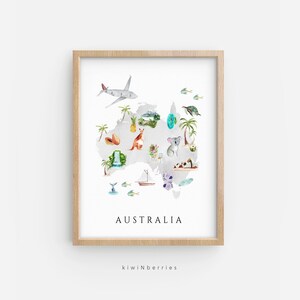 Australien Karte Druck, Druckbare Karte von Australien, Reise Dekor, Kinderzimmer Wandkunst, Kinderzimmer Dekor, Illustrierte Karte, Tiere Vegetation