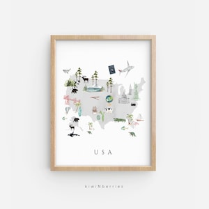 USA Karte Druck, Druckbare Karte von USA, Reise Dekor, Kinderzimmer Wandkunst, Kinderzimmer Dekor, Illustrierte Karte, Tiere Vegetation, USA Karte