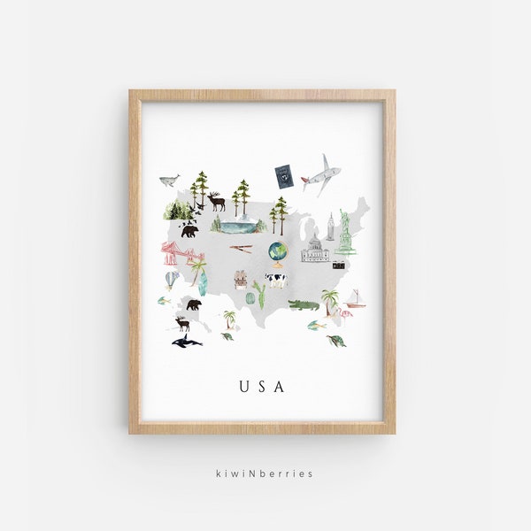 USA Map print, Printable map of USA, Travel decor, Kids room wall art, Nursery decor, Illustrated map, Animals vegetation, United States map