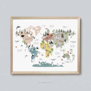 Weltkarte Poster, Tiere der Welt Druck, Lernposter, Lerndruck, Weltkarte Druck, KinderZimmer Dekor, Kontinente